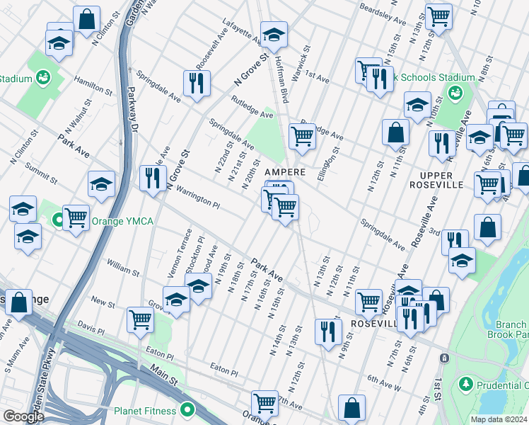 map of restaurants, bars, coffee shops, grocery stores, and more near 230 North 19th Street in East Orange