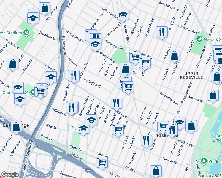 map of restaurants, bars, coffee shops, grocery stores, and more near 123 4th Avenue in East Orange