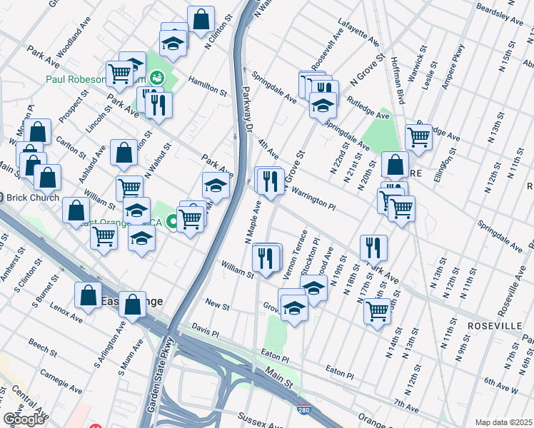 map of restaurants, bars, coffee shops, grocery stores, and more near 233 North Maple Avenue in East Orange