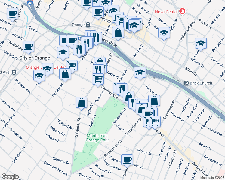 map of restaurants, bars, coffee shops, grocery stores, and more near 154 Chapman Street in City of Orange