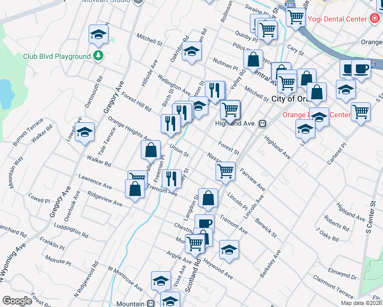 map of restaurants, bars, coffee shops, grocery stores, and more near 650 Nassau Street in City of Orange
