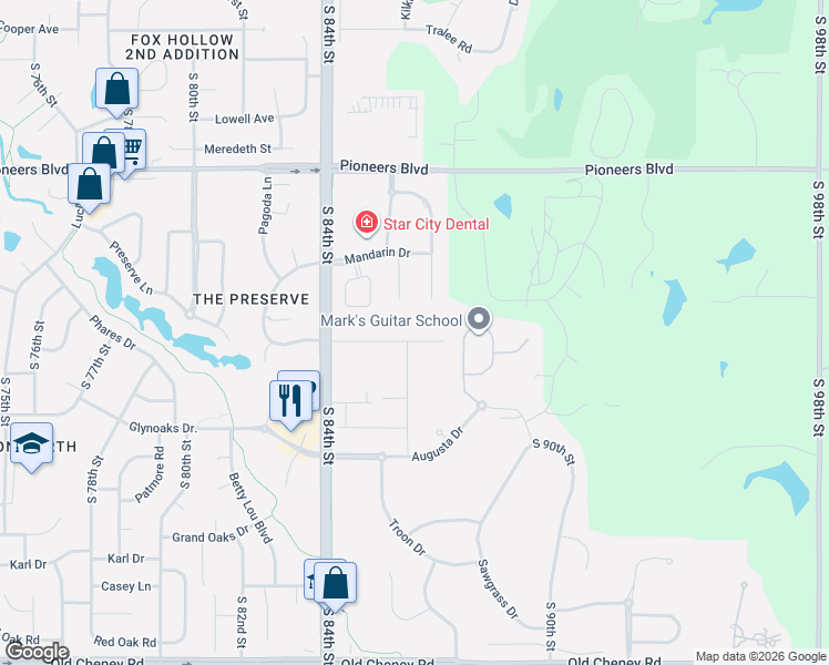 map of restaurants, bars, coffee shops, grocery stores, and more near 4660 South 86th Court in Lincoln