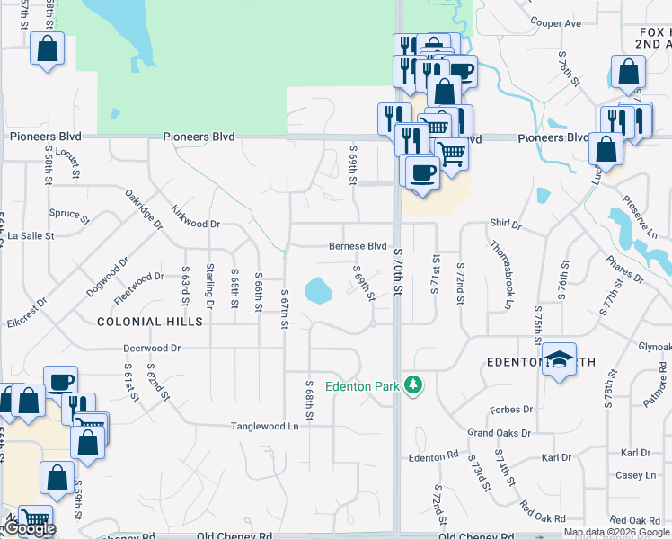 map of restaurants, bars, coffee shops, grocery stores, and more near 6801 Bernese Boulevard in Lincoln