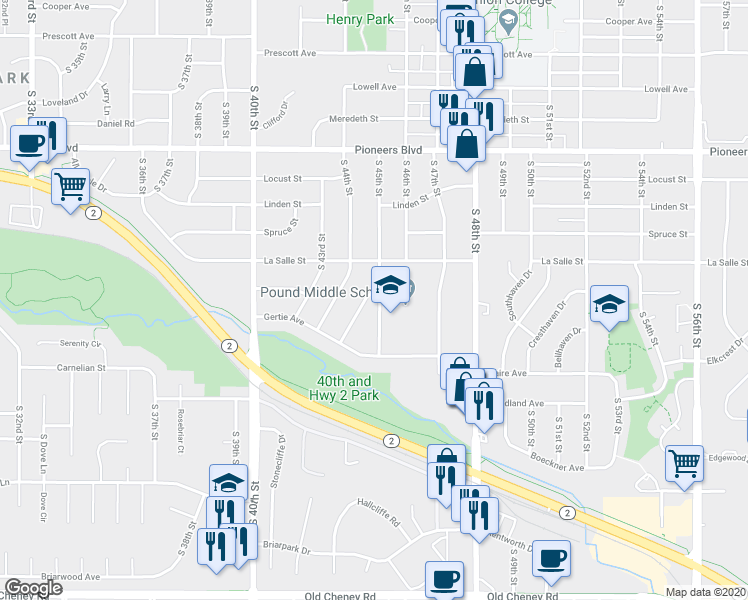 map of restaurants, bars, coffee shops, grocery stores, and more near 4721 South 45th Street in Lincoln