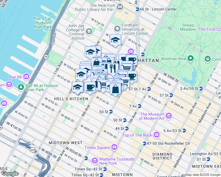 map of restaurants, bars, coffee shops, grocery stores, and more near 351 West 53rd Street in New York
