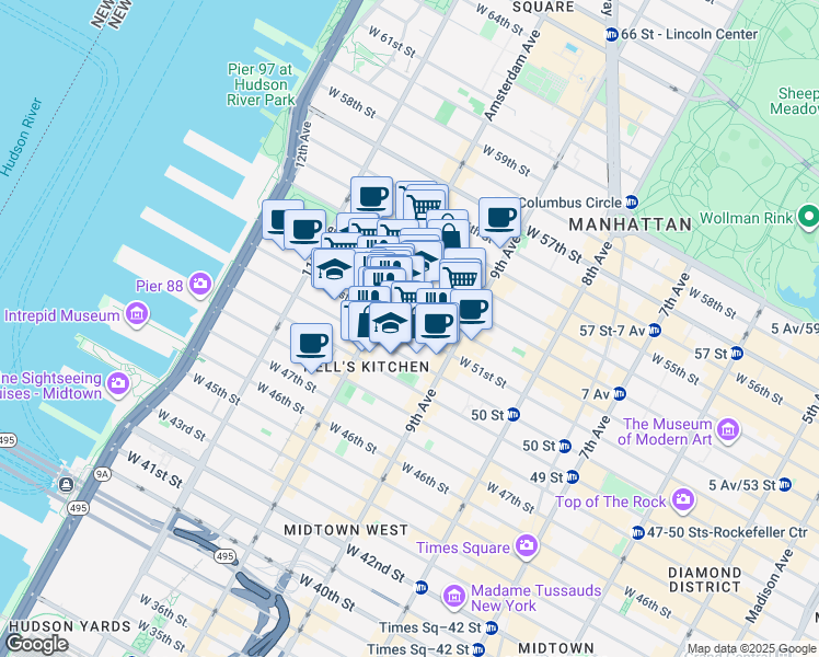 map of restaurants, bars, coffee shops, grocery stores, and more near 443 West 51st Street in New York