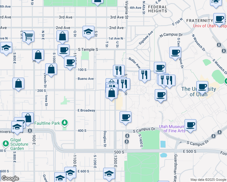 map of restaurants, bars, coffee shops, grocery stores, and more near 1280 East 200 South in Salt Lake City