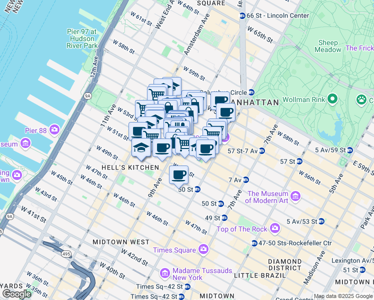 map of restaurants, bars, coffee shops, grocery stores, and more near 354 West 53rd Street in New York