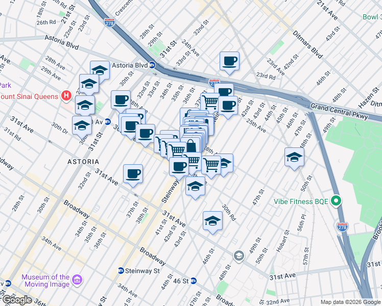 map of restaurants, bars, coffee shops, grocery stores, and more near in Queens