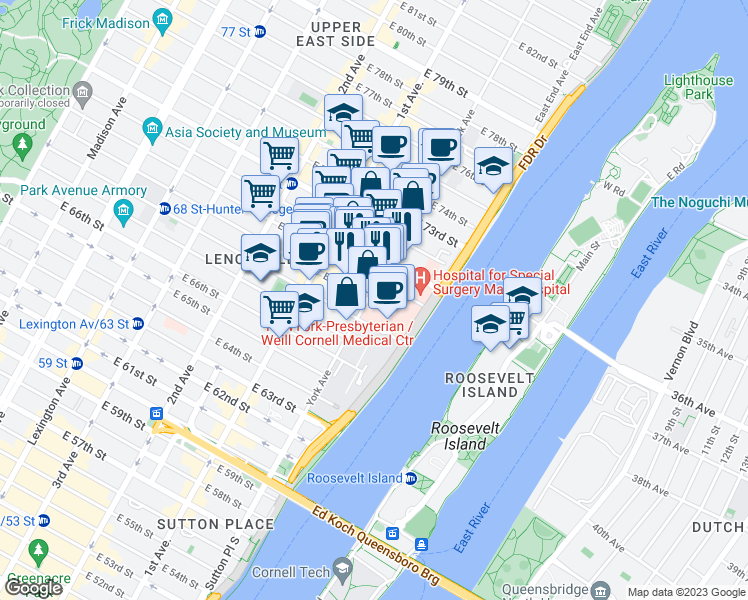 map of restaurants, bars, coffee shops, grocery stores, and more near 1300 York Avenue in New York