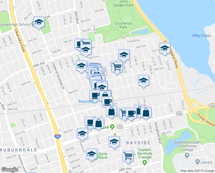 map of restaurants, bars, coffee shops, grocery stores, and more near 39-20 214th Place in Queens
