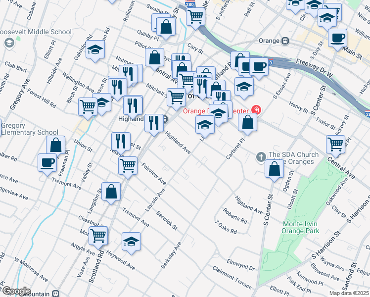 map of restaurants, bars, coffee shops, grocery stores, and more near 437 Highland Avenue in City of Orange