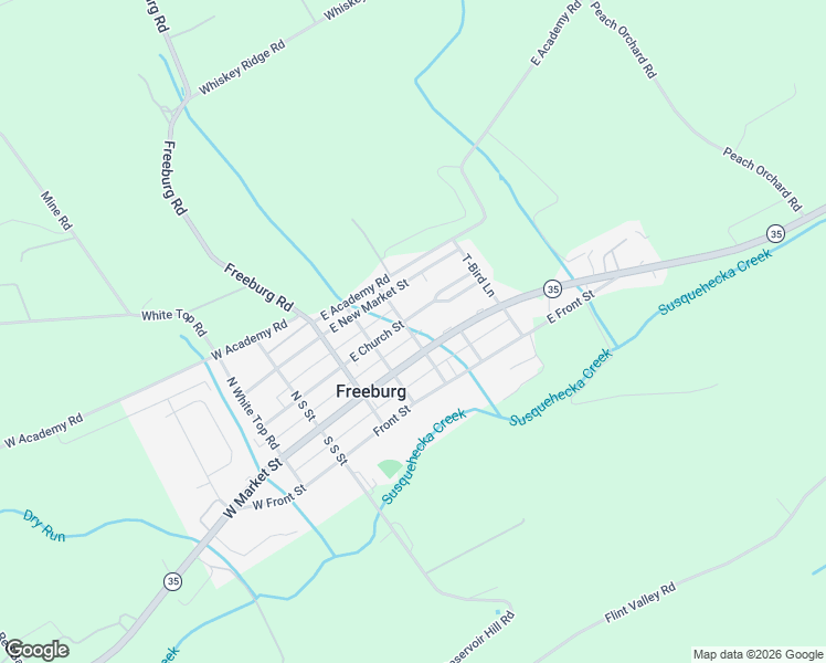 map of restaurants, bars, coffee shops, grocery stores, and more near New St in Freeburg
