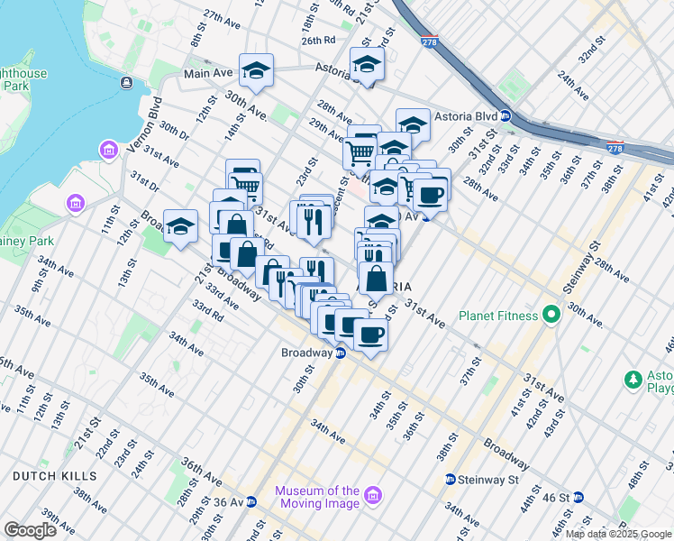 map of restaurants, bars, coffee shops, grocery stores, and more near in Queens