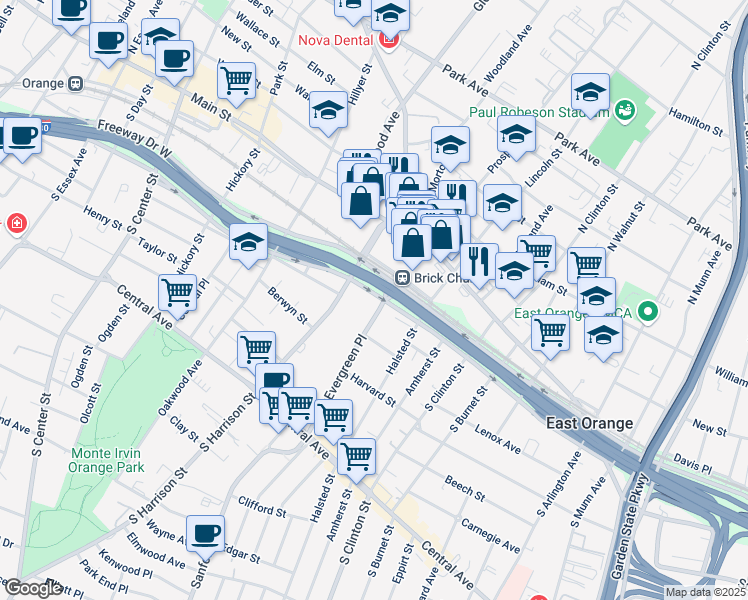 map of restaurants, bars, coffee shops, grocery stores, and more near in East Orange