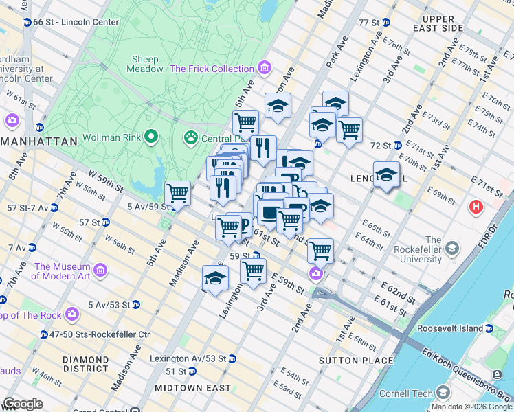 map of restaurants, bars, coffee shops, grocery stores, and more near 565 Park Avenue in New York