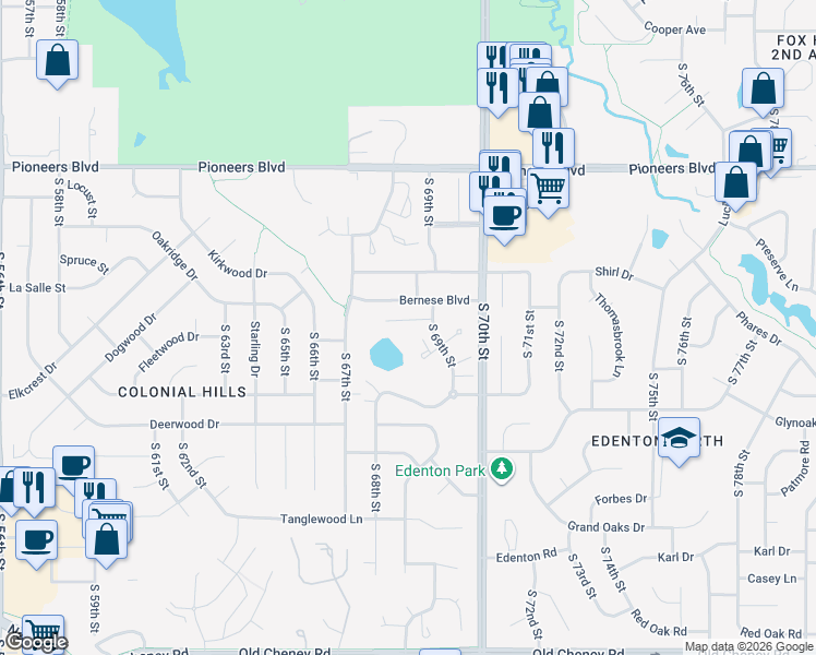 map of restaurants, bars, coffee shops, grocery stores, and more near 6801 Bernese Boulevard in Lincoln