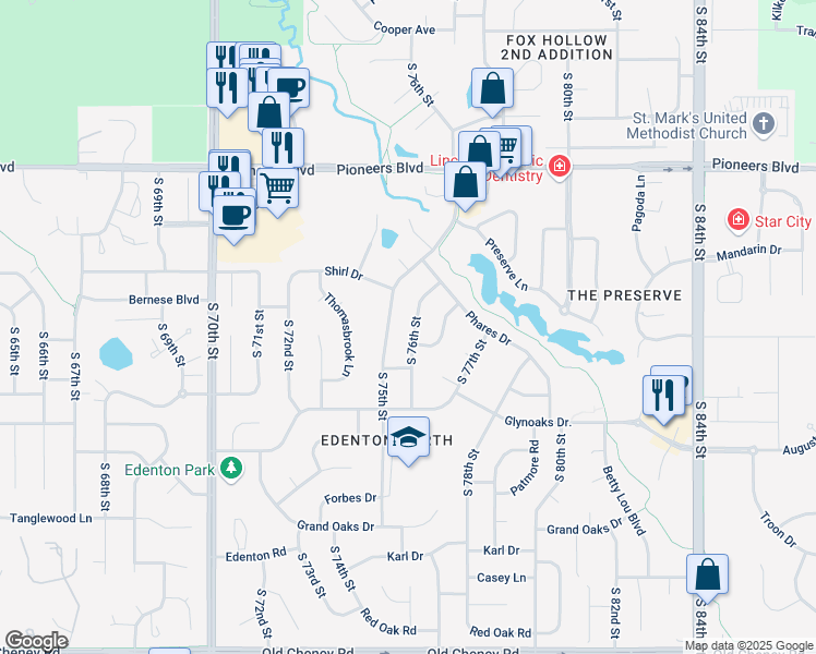 map of restaurants, bars, coffee shops, grocery stores, and more near 4831 South 76th Street in Lincoln