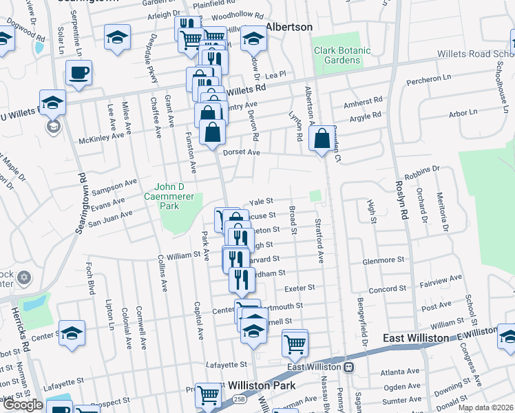 map of restaurants, bars, coffee shops, grocery stores, and more near 37 Yale Street in Williston Park