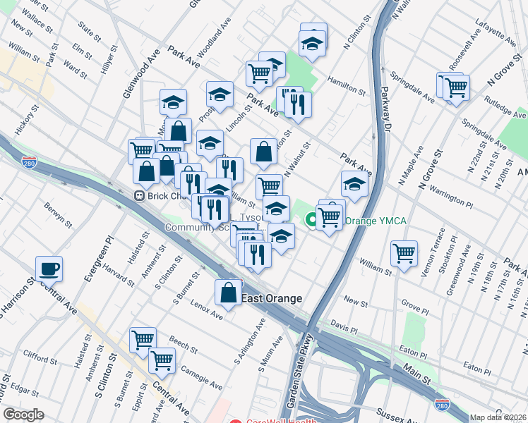 map of restaurants, bars, coffee shops, grocery stores, and more near William Street & North Walnut Street in East Orange