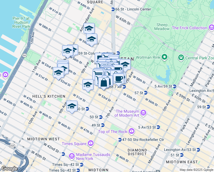 map of restaurants, bars, coffee shops, grocery stores, and more near 250 West 55th Street in New York