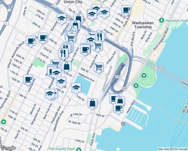 map of restaurants, bars, coffee shops, grocery stores, and more near 134 Oak Street in Weehawken