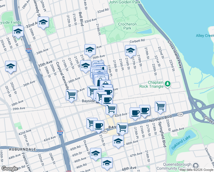 map of restaurants, bars, coffee shops, grocery stores, and more near 39-2 214th Place in Queens