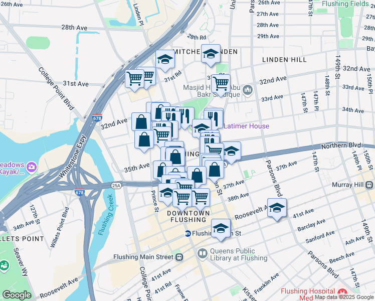 map of restaurants, bars, coffee shops, grocery stores, and more near 136-45 35th Avenue in Queens