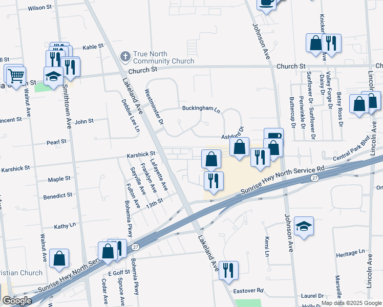map of restaurants, bars, coffee shops, grocery stores, and more near 25 Westgate Drive in Bohemia