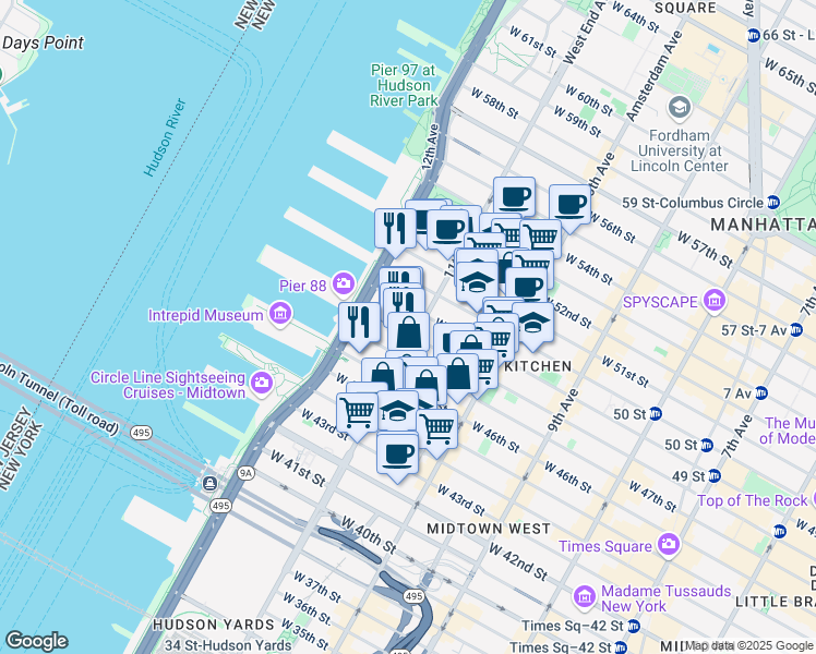 map of restaurants, bars, coffee shops, grocery stores, and more near 621 West 48th Street in New York