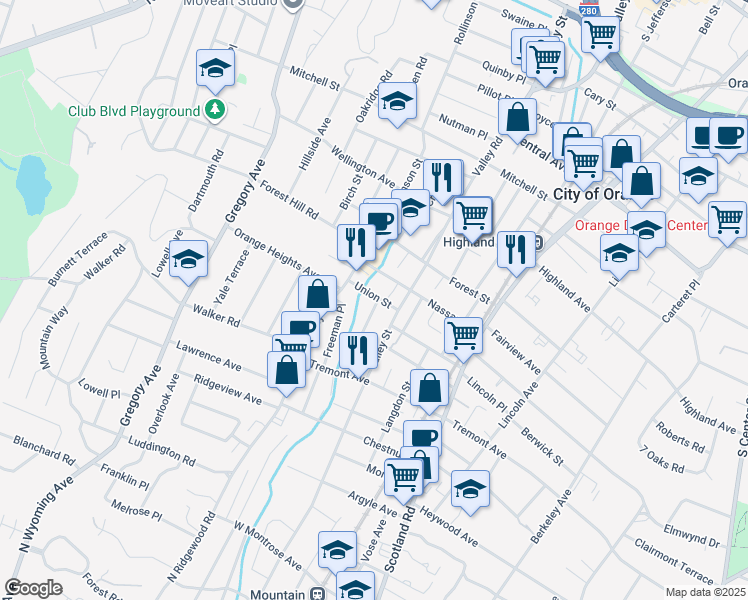 map of restaurants, bars, coffee shops, grocery stores, and more near 652 Union Street in City of Orange