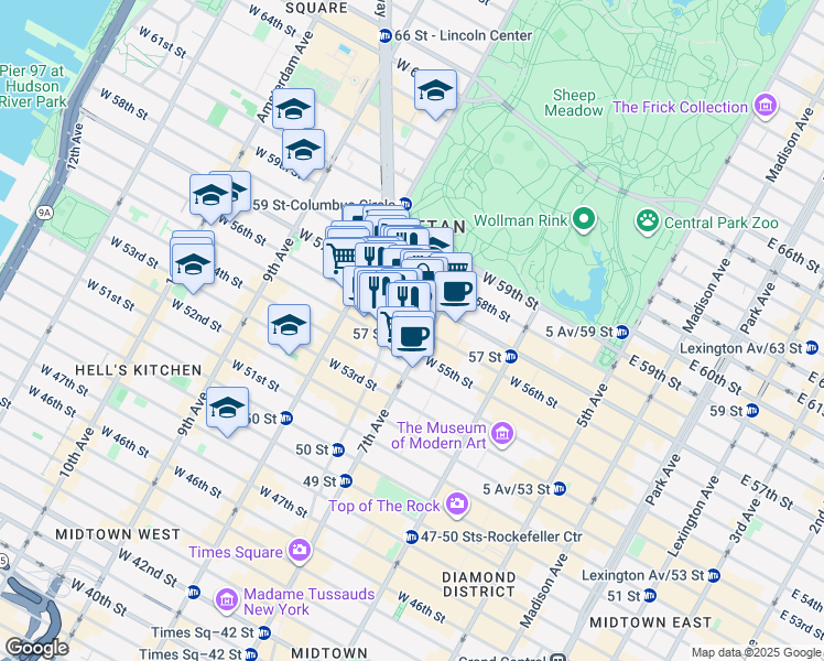 map of restaurants, bars, coffee shops, grocery stores, and more near 200 West 56th Street in New York