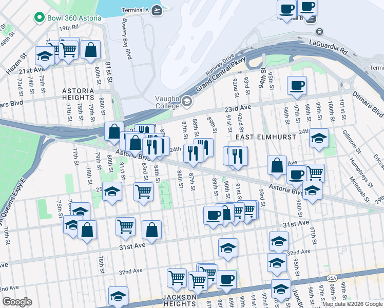 map of restaurants, bars, coffee shops, grocery stores, and more near 3582 87th Street in Queens