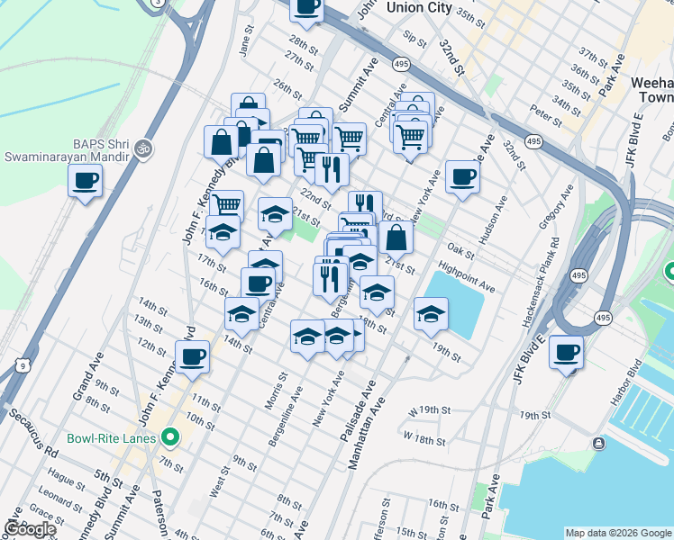 map of restaurants, bars, coffee shops, grocery stores, and more near 526 Monastery Place in Union City
