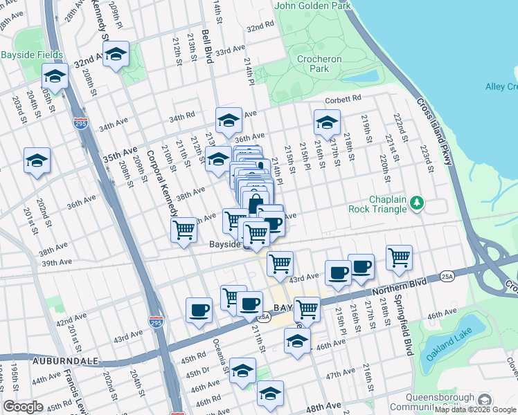 map of restaurants, bars, coffee shops, grocery stores, and more near 3913 Bell Boulevard in Queens