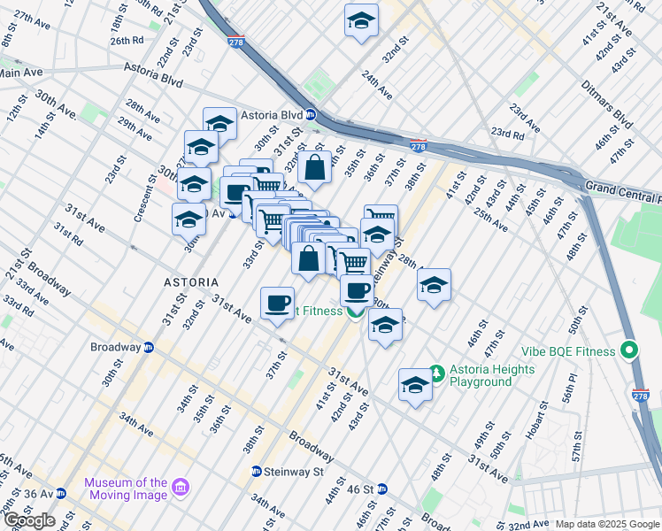 map of restaurants, bars, coffee shops, grocery stores, and more near 28-51 36th Street in Queens