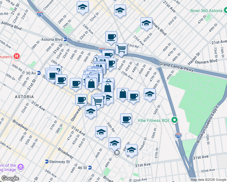 map of restaurants, bars, coffee shops, grocery stores, and more near 25-63 42nd Street in Queens