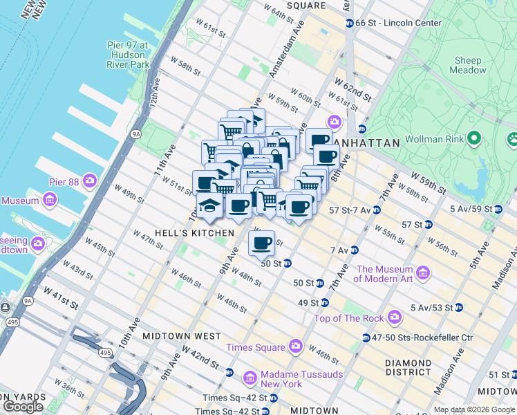 map of restaurants, bars, coffee shops, grocery stores, and more near 788 9th Avenue in New York