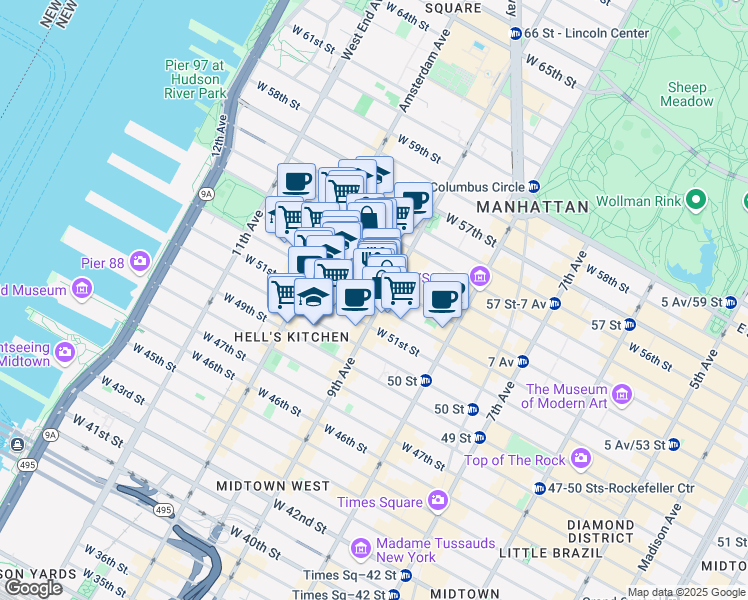 map of restaurants, bars, coffee shops, grocery stores, and more near 440 West 53rd Street in New York