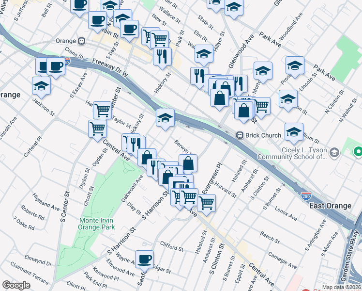map of restaurants, bars, coffee shops, grocery stores, and more near 35 Berwyn Street in City of Orange