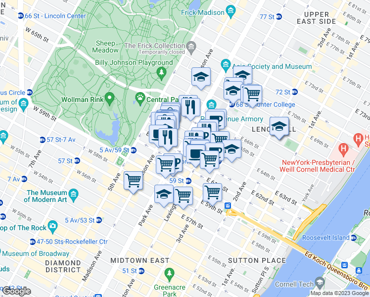 map of restaurants, bars, coffee shops, grocery stores, and more near 565 Park Avenue in New York