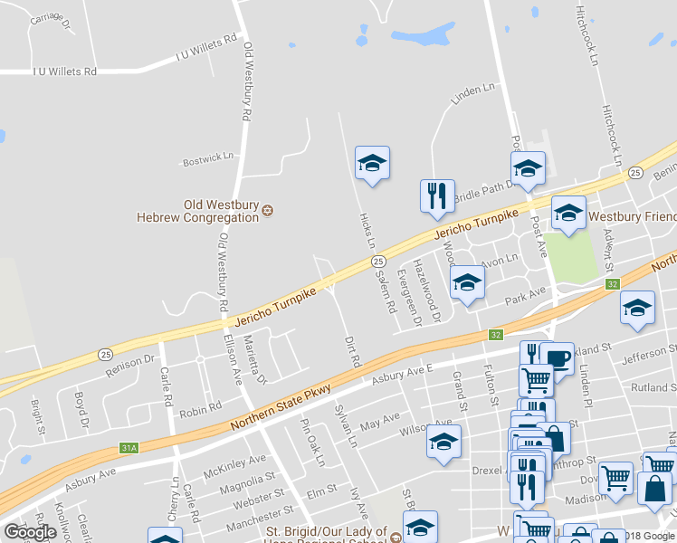 map of restaurants, bars, coffee shops, grocery stores, and more near 199 Jericho Turnpike in Old Westbury