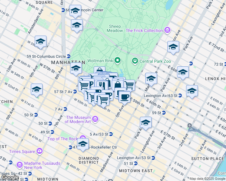 map of restaurants, bars, coffee shops, grocery stores, and more near 78 Central Park South in New York