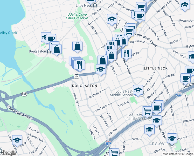 map of restaurants, bars, coffee shops, grocery stores, and more near 45-18 245th Street in Queens