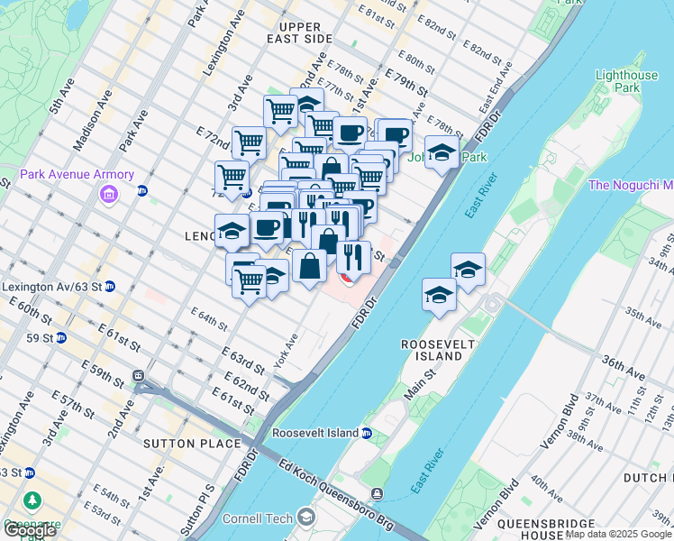 map of restaurants, bars, coffee shops, grocery stores, and more near 1300 York Avenue in New York