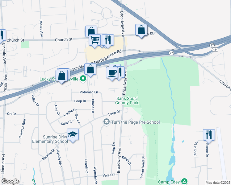 map of restaurants, bars, coffee shops, grocery stores, and more near 47 Potomac Lane in Sayville