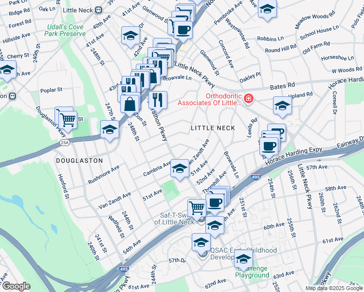 map of restaurants, bars, coffee shops, grocery stores, and more near 249-48 Rushmore Terrace in Queens