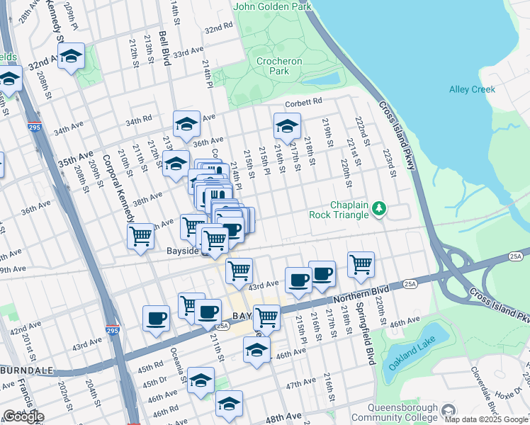 map of restaurants, bars, coffee shops, grocery stores, and more near 39-11 215th Street in Queens