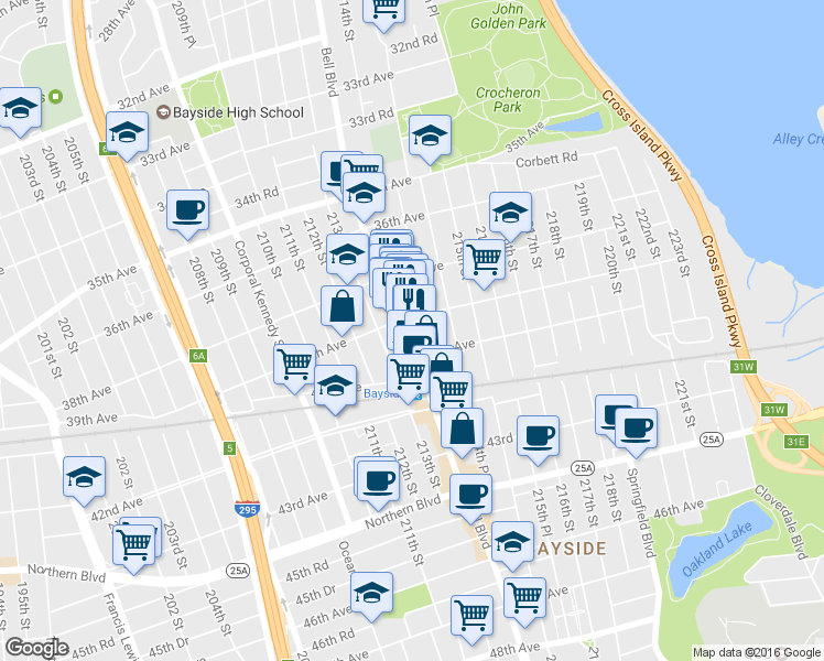 map of restaurants, bars, coffee shops, grocery stores, and more near 3913 Bell Boulevard in Queens