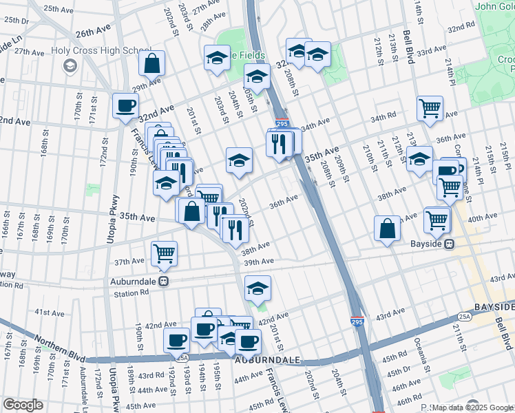 map of restaurants, bars, coffee shops, grocery stores, and more near 35-32 204th Street in Queens